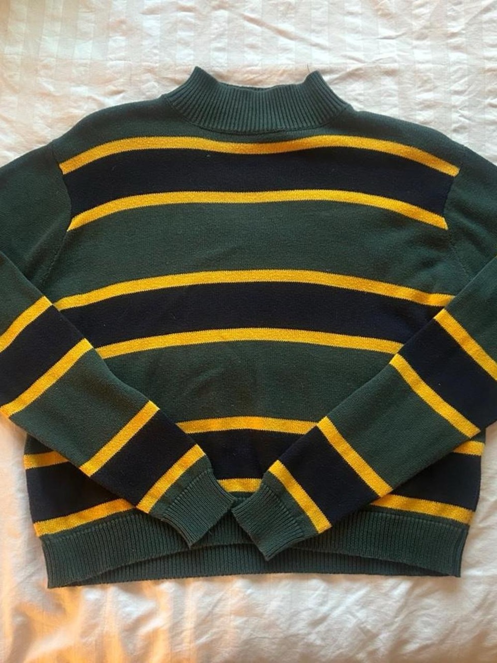 Brandy Melville Dark Green, Black & Yellow Striped Crew Sweater